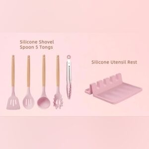 Pink Silicone Kitchen Utensil Set with Rest